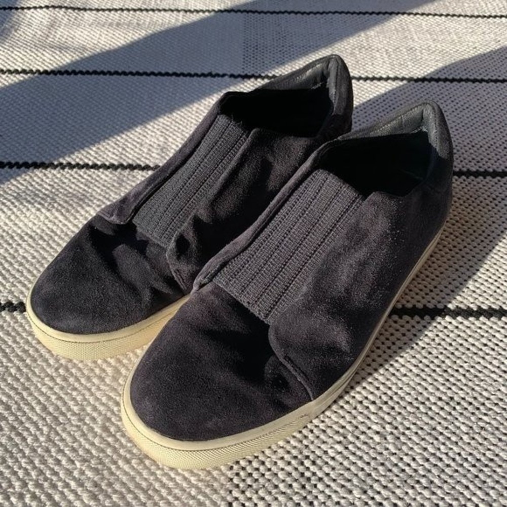 Vince Womens Cantara Suede Slip-On Sneakers Dk Navy Blue Shoes Ribbed Panel Sz 8